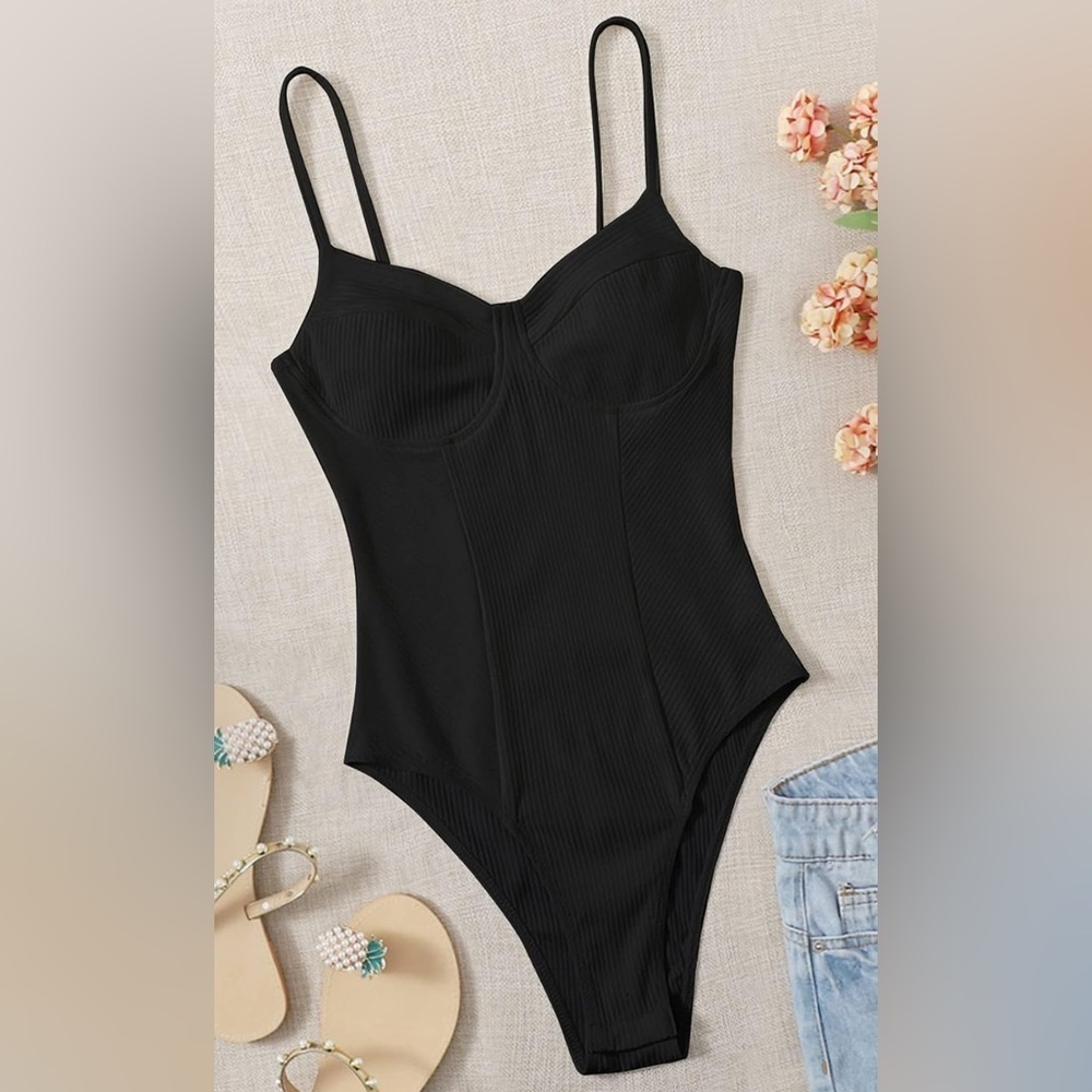 SHEIN Solid Bustier Rib-Knit Bodysuit – Size L